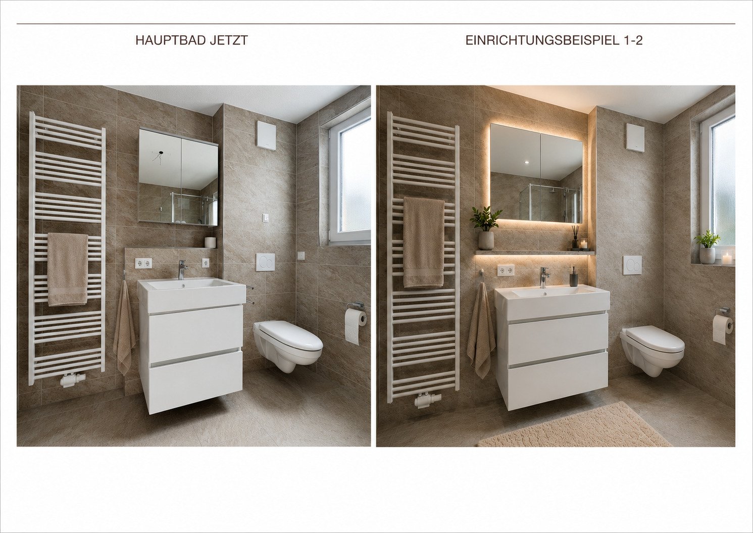 Hauptbad mit WC, Waschbeckenunter-/Spiegelschrank