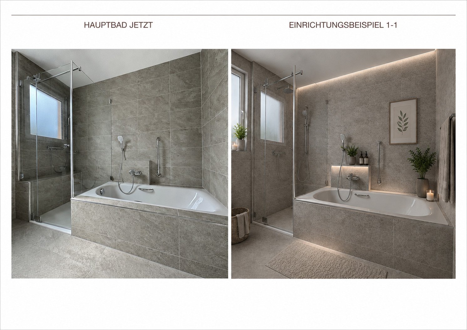 Hauptbad mit Dusche, Wanne, WC, Waschtisch und Spiegelschrank