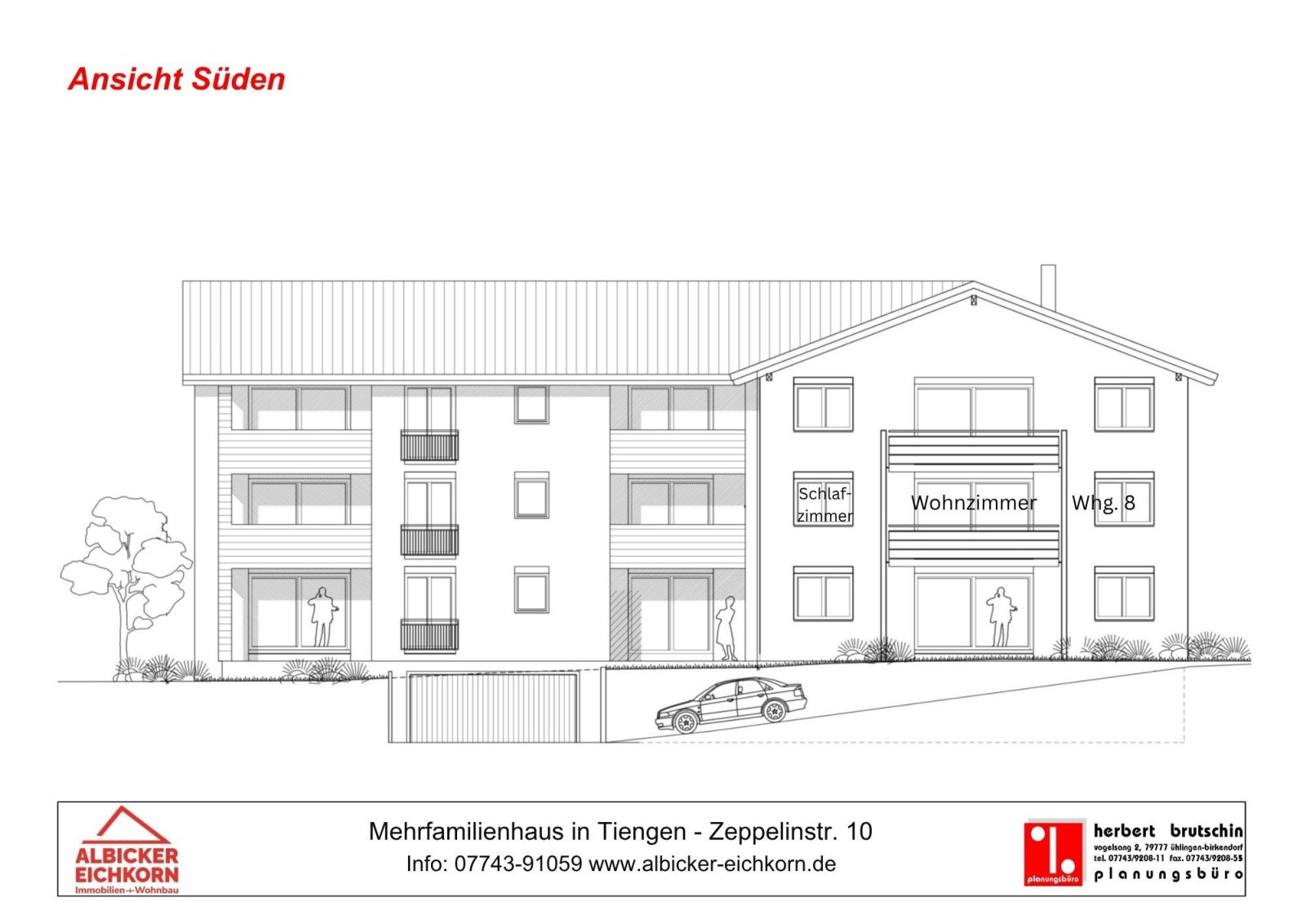 Ansicht Süden: Balkon; Wohnzimmer + Schlafzimmer 2