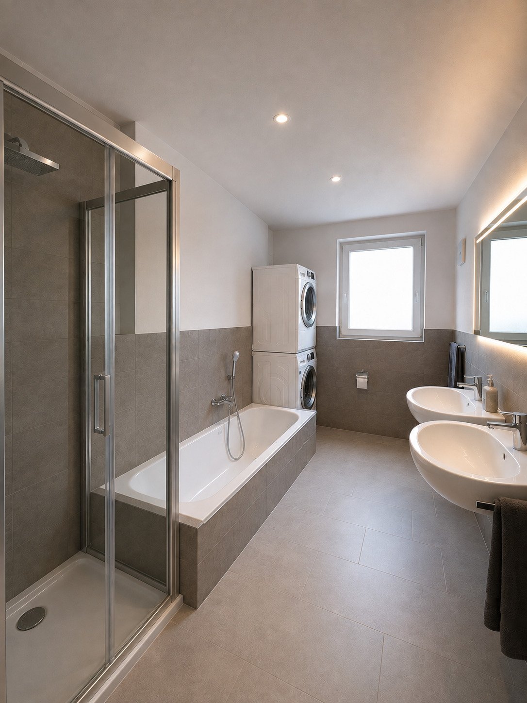 Bad mit Dusche, Doppelwaschbecken, WC, Fenster uns WM-Anschluss in der Wohnung Bad mit Dusche, Doppelwaschbecken, WC, Fenster uns WM-Anschluss in der Wohnung